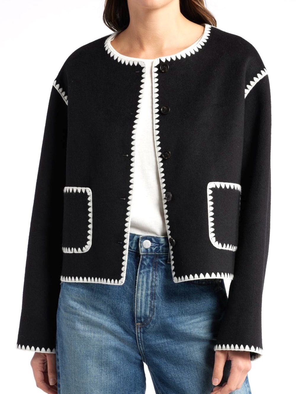 Commense Contrast‎ Stitching Wool-look Jacket Black Women XS Oversized Boxy